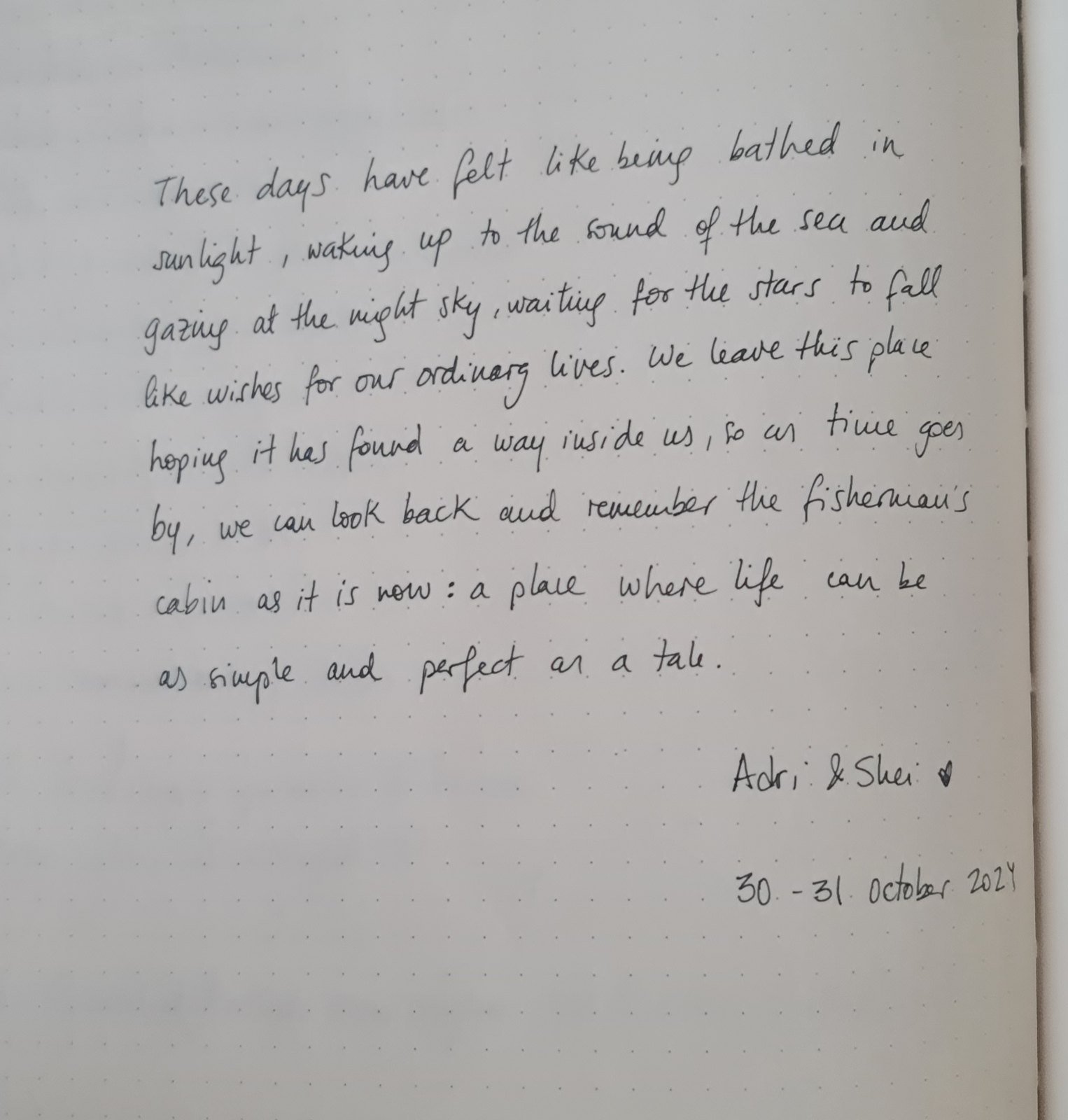 Handwritten guest review in the Ajarif Fisherman's Cabin guestbook by Adri and Shei, October 2024